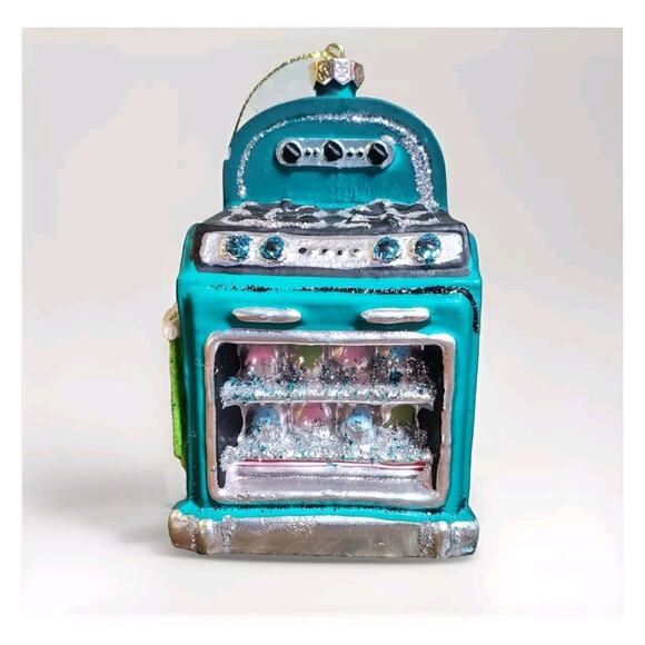 Retro Kitchen Oven Glass Ornament - Art Deco Green Teal, Bakery, Chef Cook Gift - Picture 1 of 8